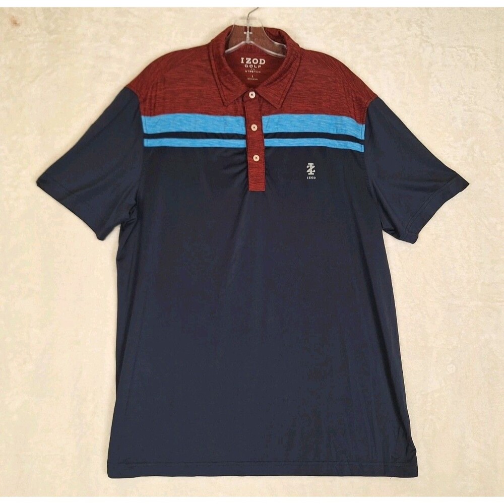 IZOD Mens L Golf Shirt Polo Swing Flex Striped Blue Red Colorblock Logo EUC